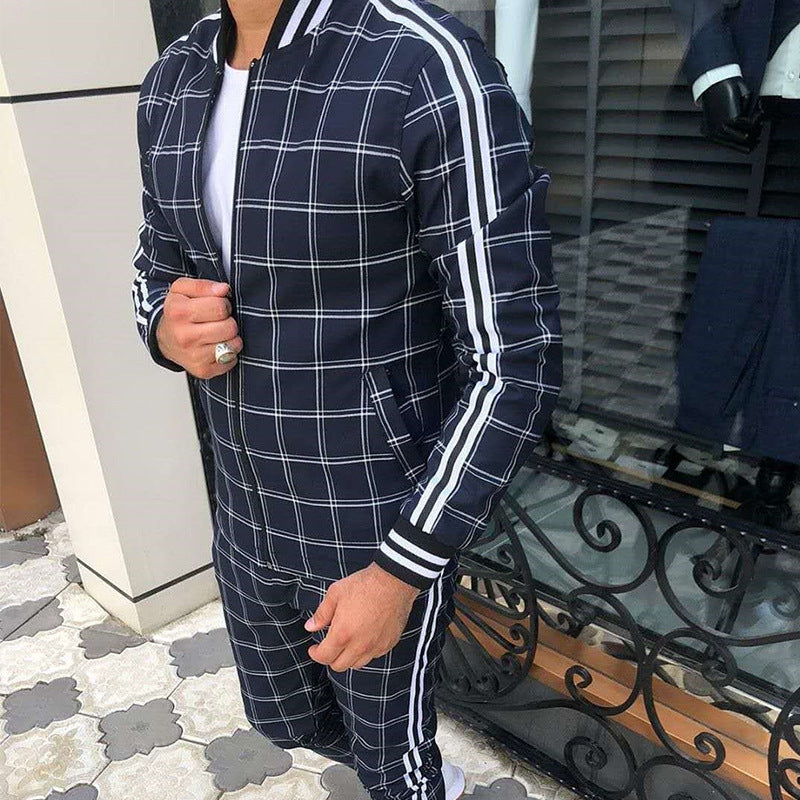 Men's Plaid Zipper Jacket and Pants Casual Sport Suit