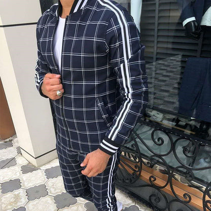Men's Plaid Zipper Jacket and Pants Casual Sport Suit