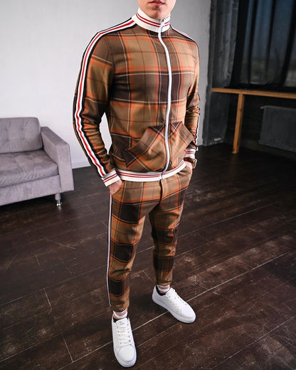 Men's Plaid Zipper Jacket and Pants Casual Sport Suit