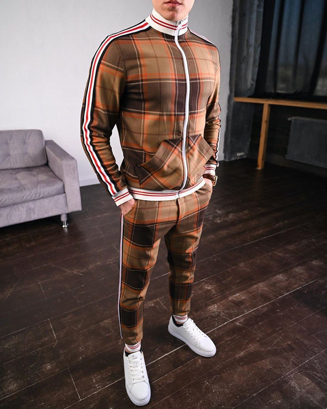 Men's Plaid Zipper Jacket and Pants Casual Sport Suit