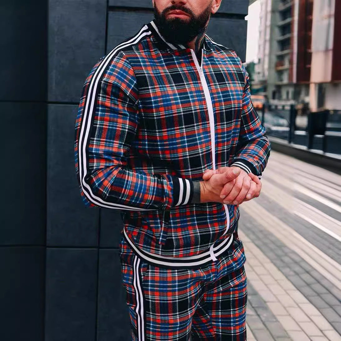 Men's Plaid Zipper Jacket and Pants Casual Sport Suit