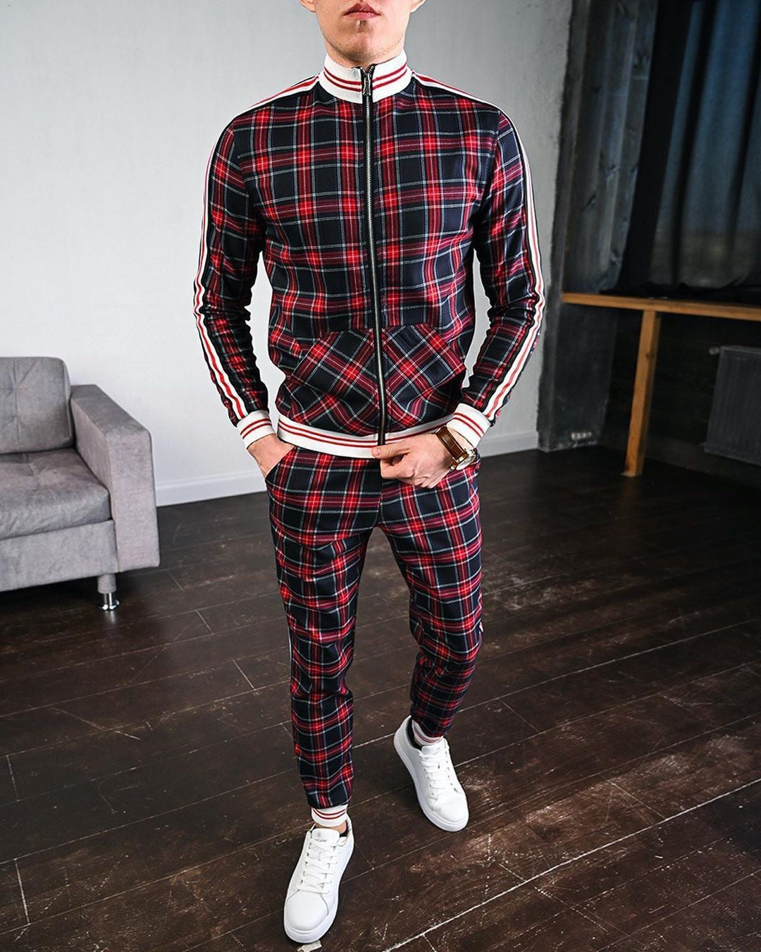 Men's Plaid Zipper Jacket and Pants Casual Sport Suit