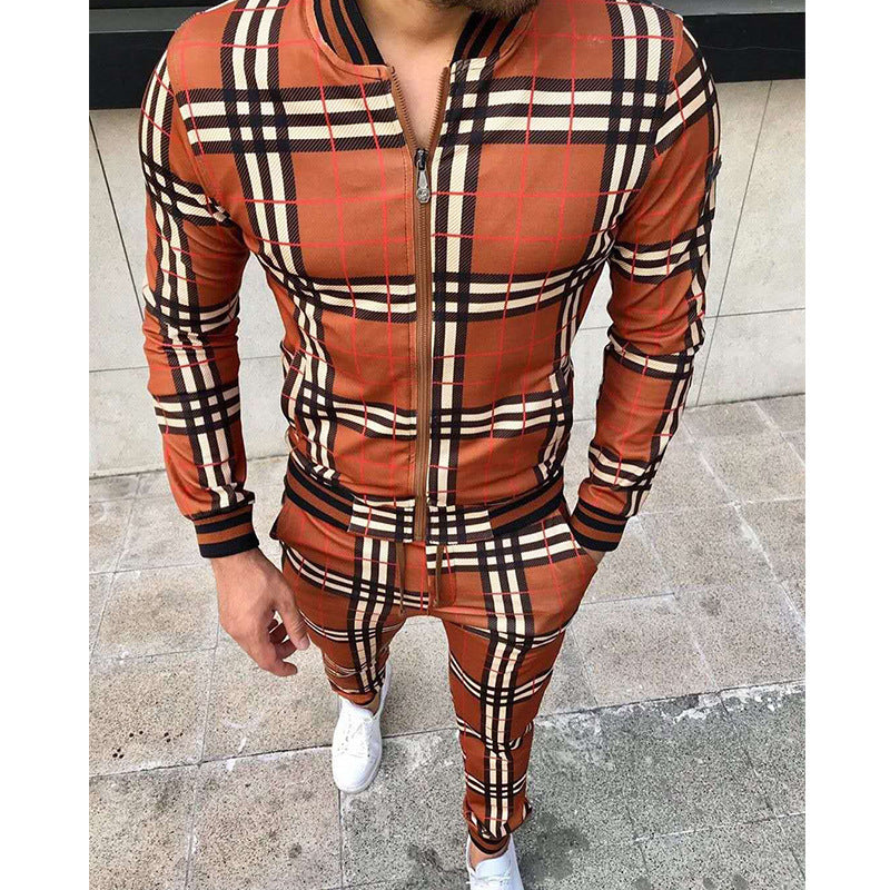 Men's Plaid Zipper Jacket and Pants Casual Sport Suit