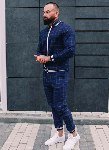 Men's Plaid Zipper Jacket and Pants Casual Sport Suit