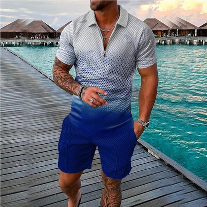 Men's Printed Polo Shirt and Shorts Set