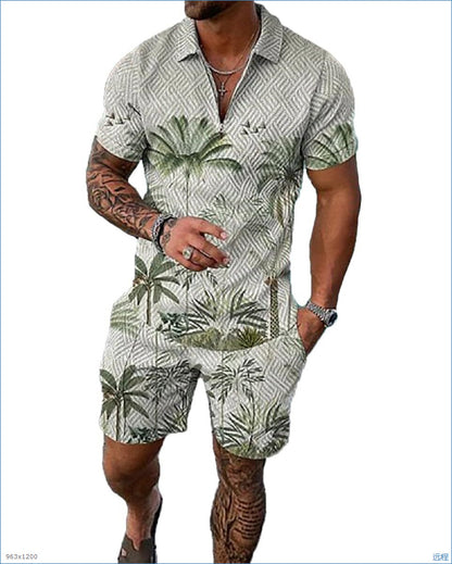 Men's Printed Polo Shirt and Shorts Set