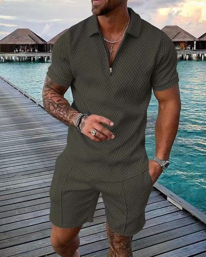 Men's Printed Polo Shirt and Shorts Set