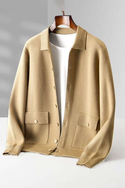 Men's Pure Wool Cardigan with Flap Pockets Shirt Collar