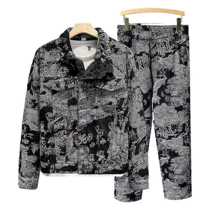 Men's Retro Jacquard Denim Suit Slim Fit Workwear Jacket