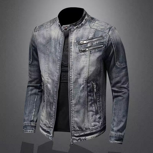 Men's Retro Lapel Motorcycle Denim Jacket Slim Fit