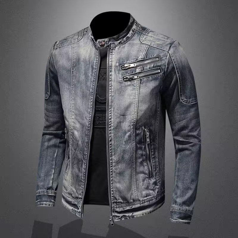 Men's Retro Lapel Motorcycle Denim Jacket Slim Fit