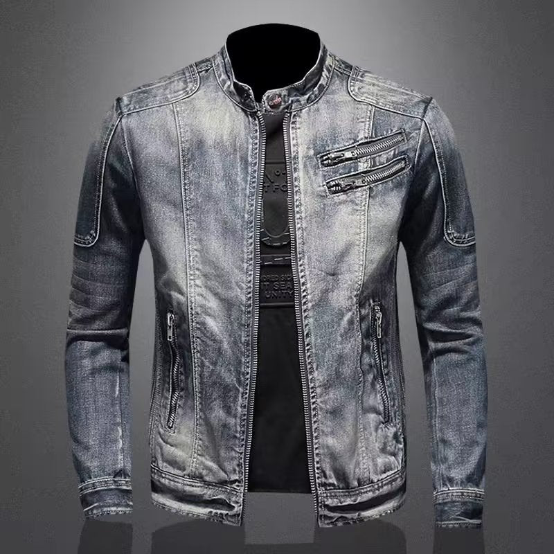 Men's Retro Lapel Motorcycle Denim Jacket Slim Fit