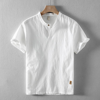 Men's Short-Sleeve Linen Stand Collar Shirt
