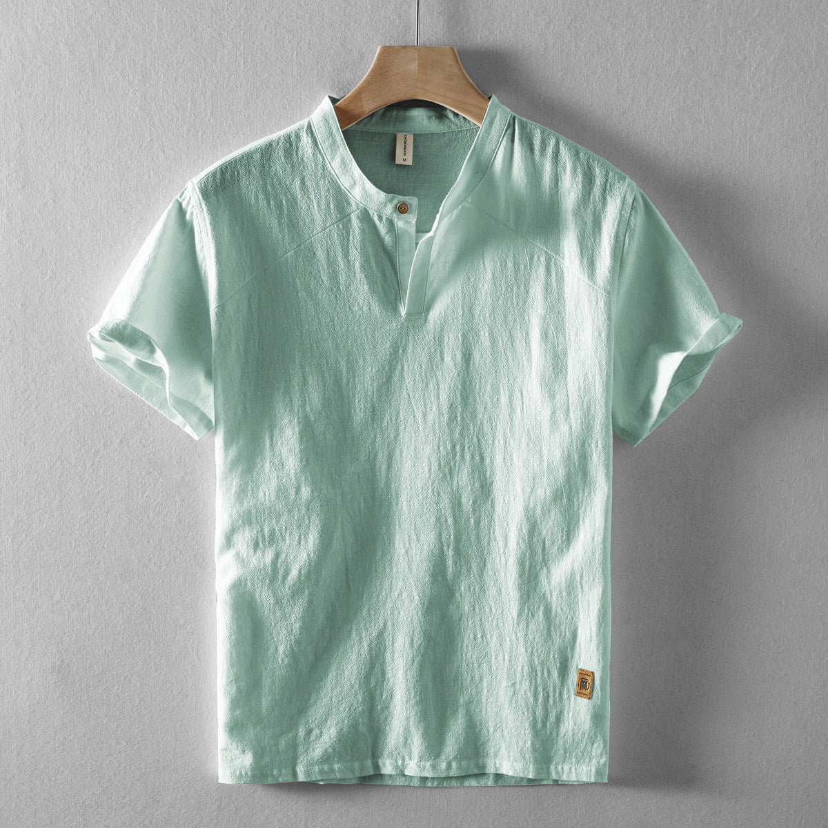 Men's Short-Sleeve Linen Stand Collar Shirt