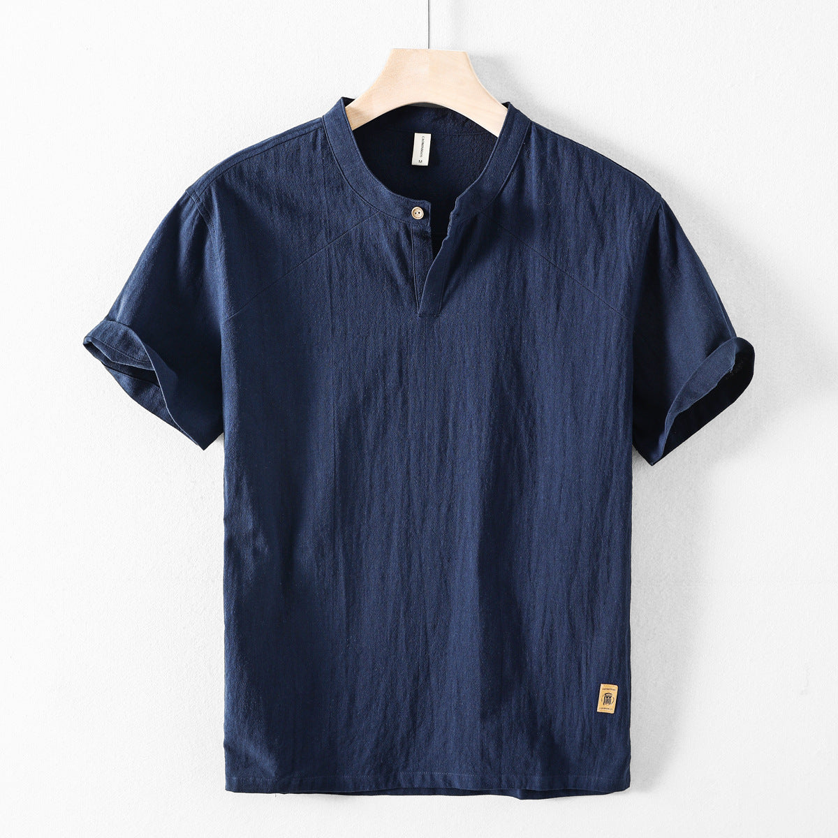 Men's Short-Sleeve Linen Stand Collar Shirt