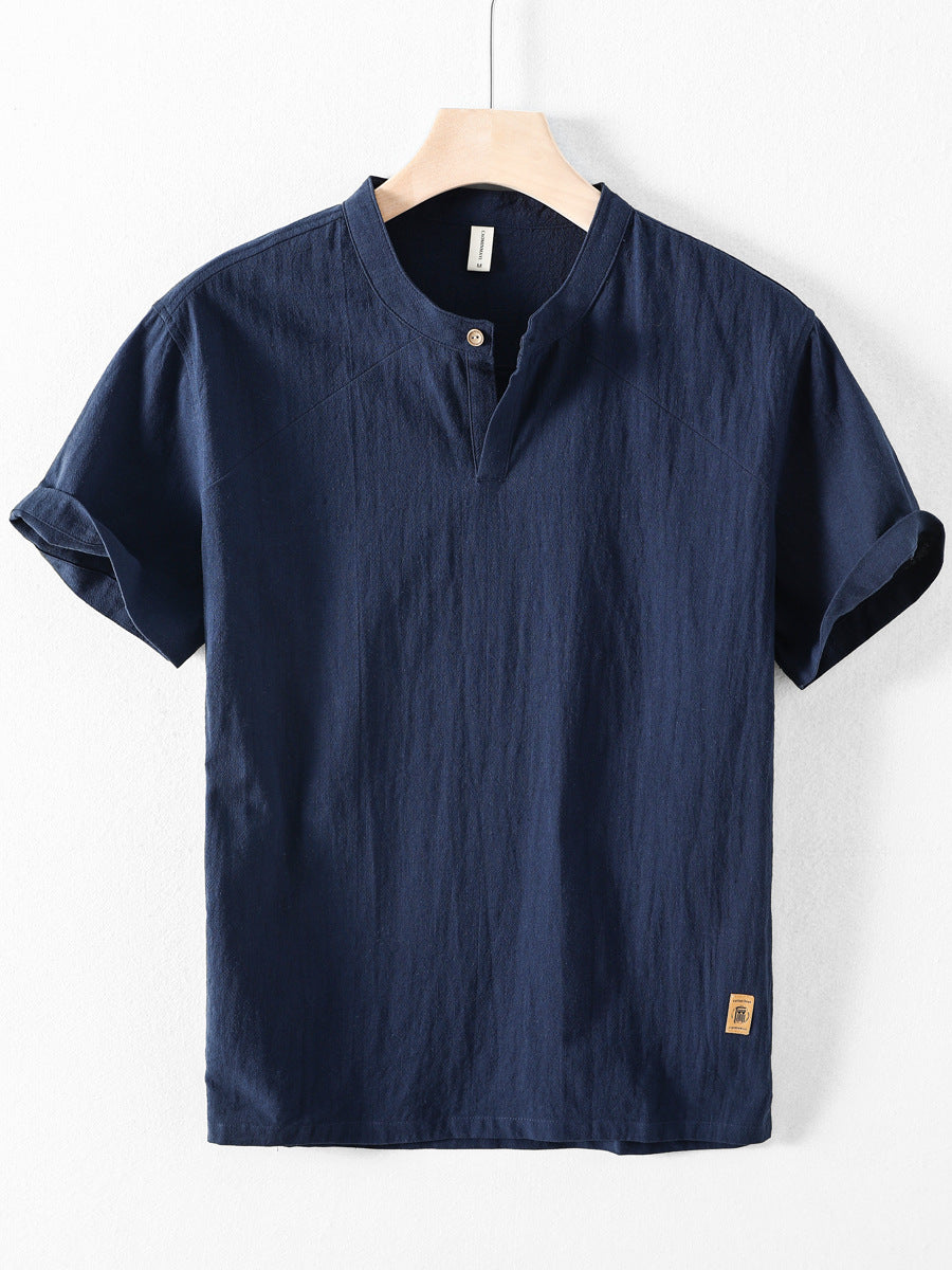 Men's Short-Sleeve Linen Stand Collar Shirt