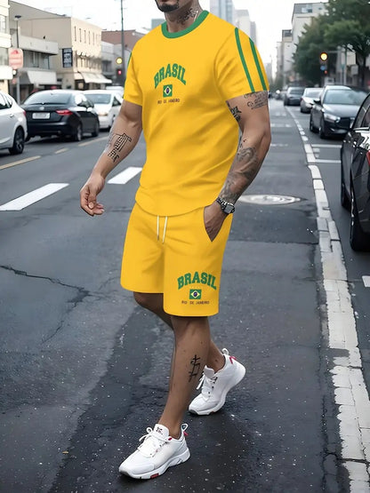 Men's Short Sleeve Shorts Set Digital Print Beachwear