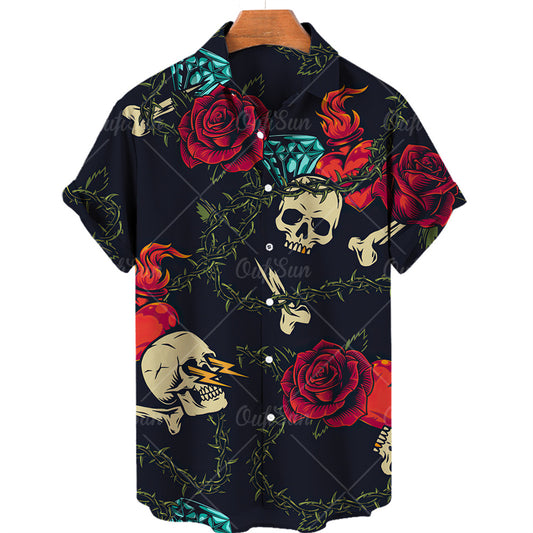 Men's Skull Print Hawaiian Shirt Short Sleeve Casual Shirt