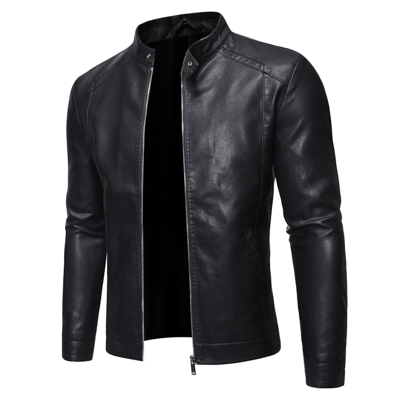 Men's Slim Fit PU Leather Jacket with Stand Collar