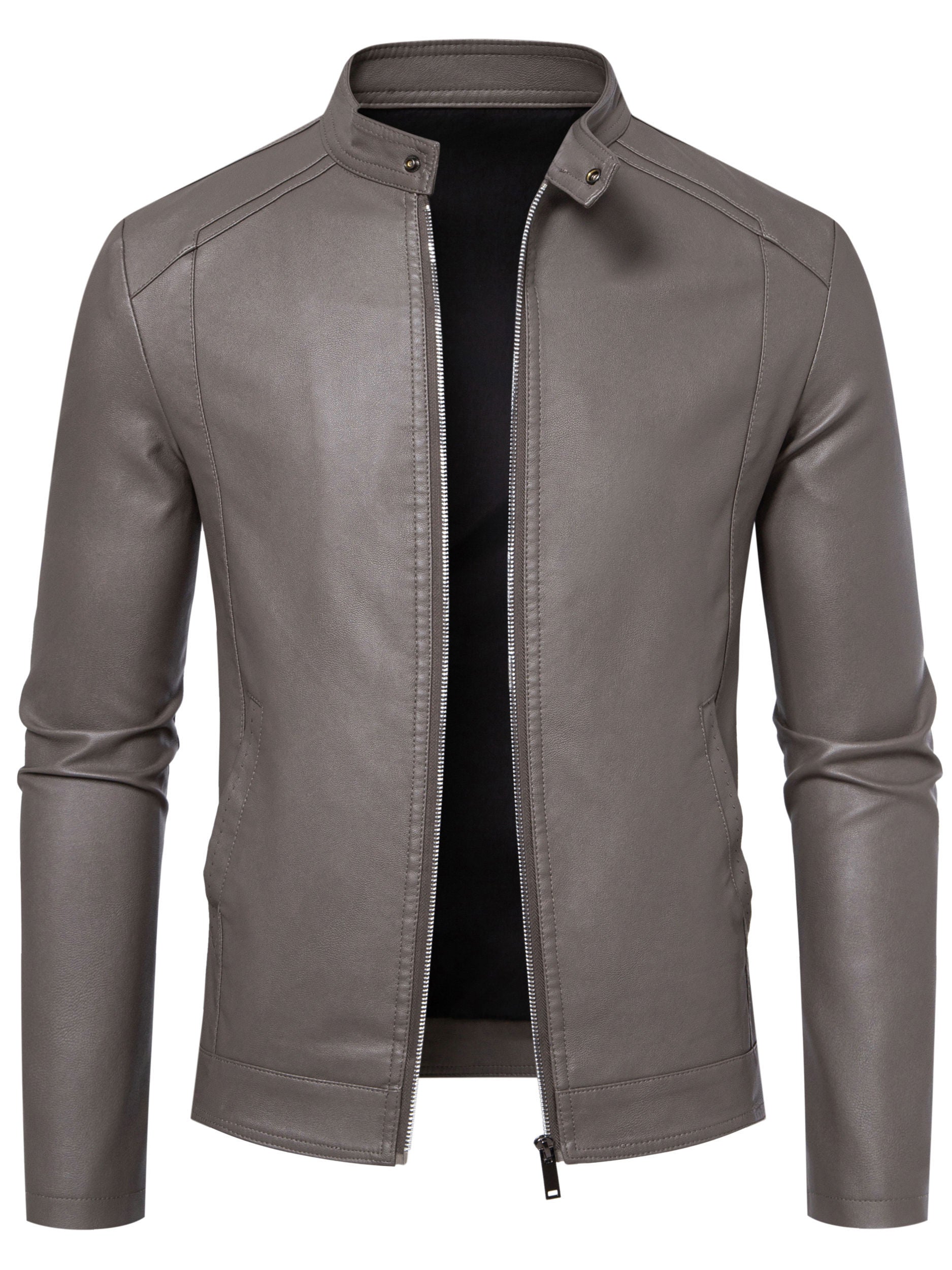 Men's Slim Fit PU Leather Jacket with Stand Collar