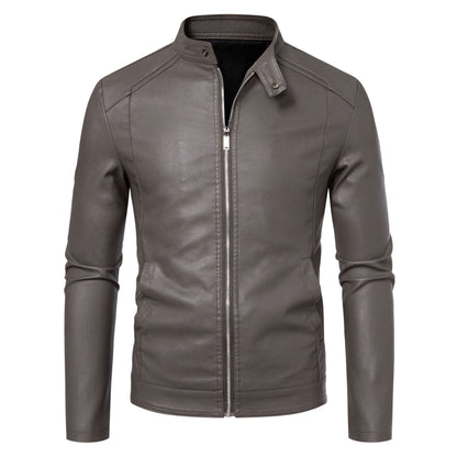 Men's Slim Fit PU Leather Jacket with Stand Collar