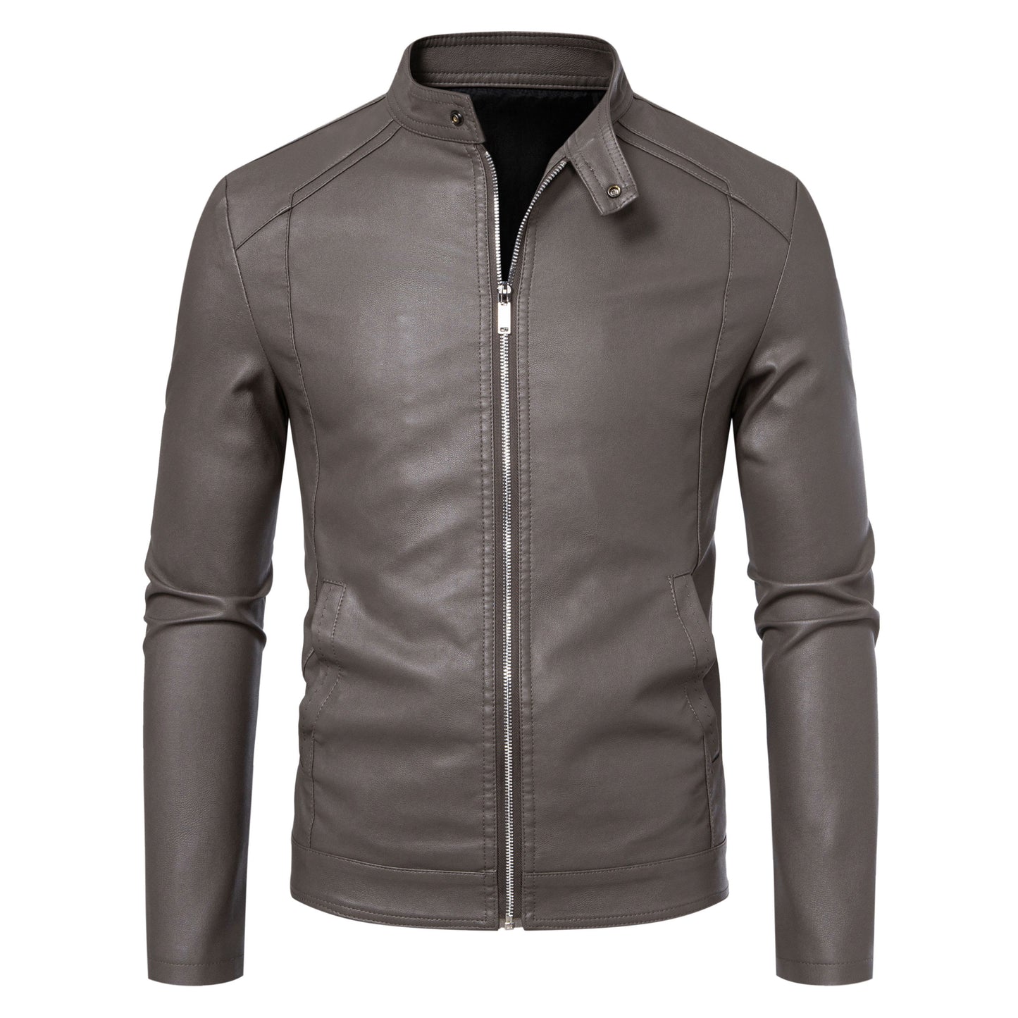 Men's Slim Fit PU Leather Jacket with Stand Collar