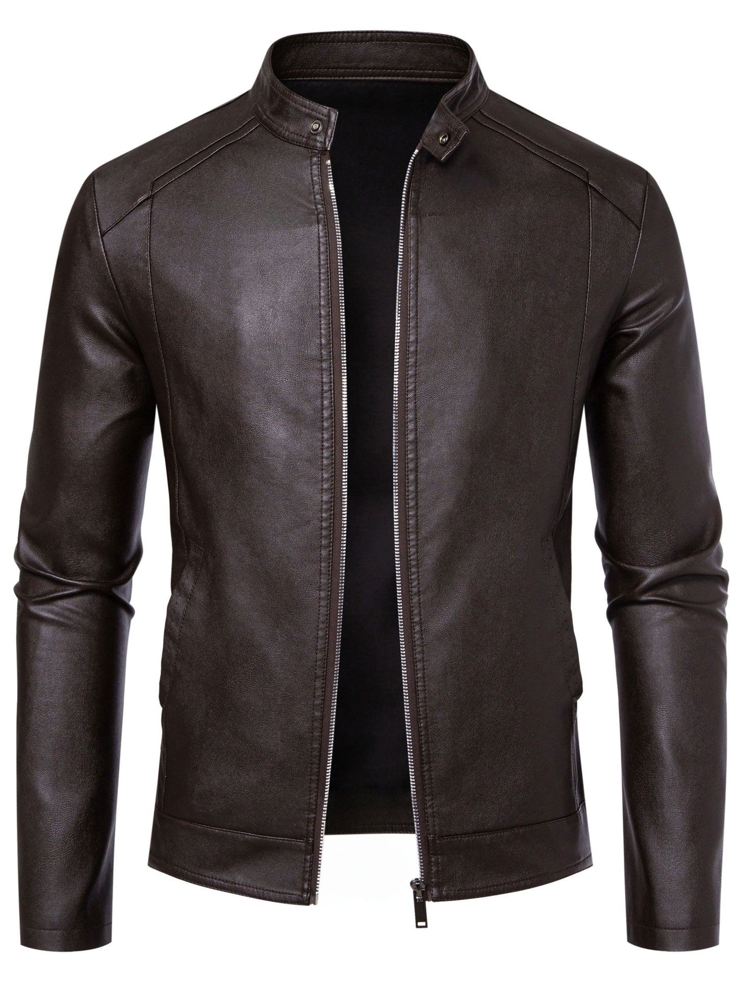 Men's Slim Fit PU Leather Jacket with Stand Collar