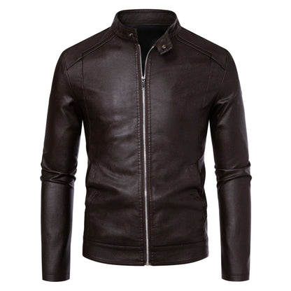 Men's Slim Fit PU Leather Jacket with Stand Collar