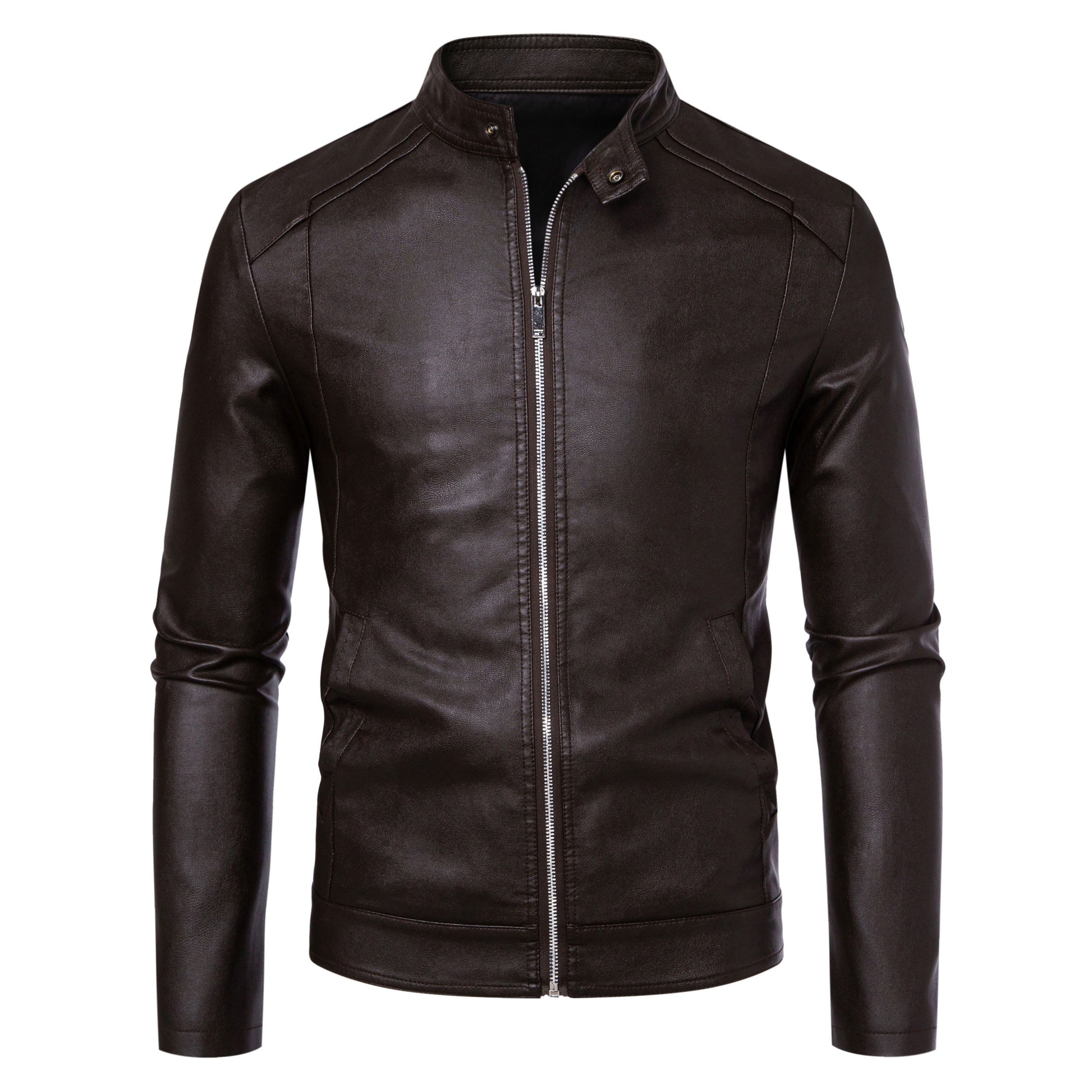 Men's Slim Fit PU Leather Jacket with Stand Collar