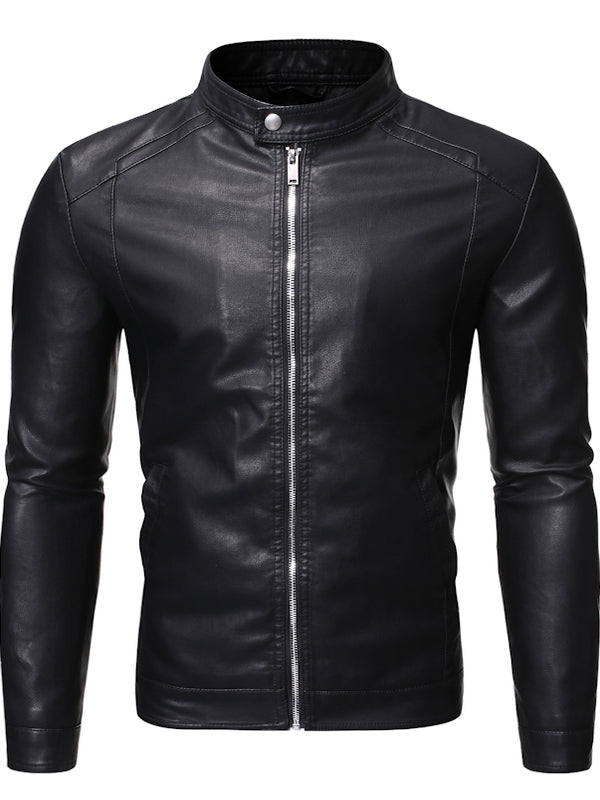 Men's Slim Fit PU Leather Jacket with Stand Collar