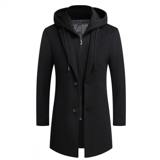 Men's Slim Fit Woolen Coat with Removable Hood