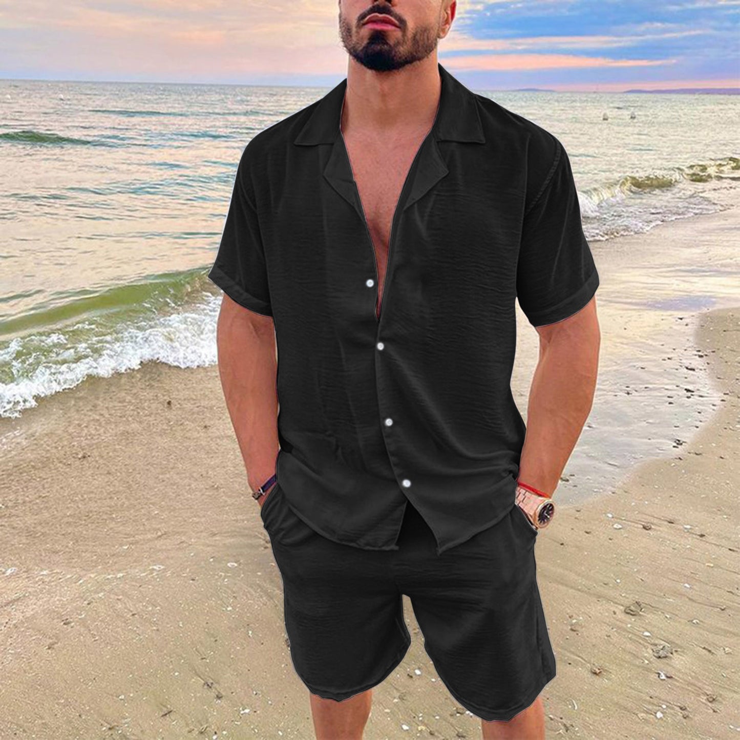 Men's solid-color short-sleeved short pants set