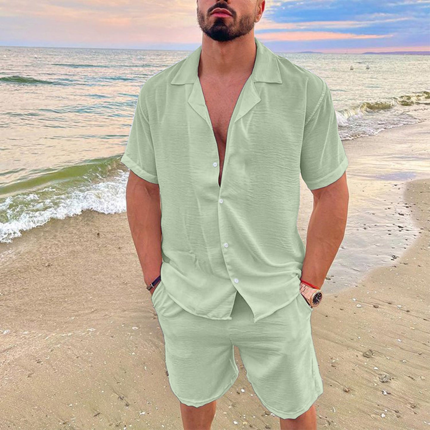 Men's solid-color short-sleeved short pants set