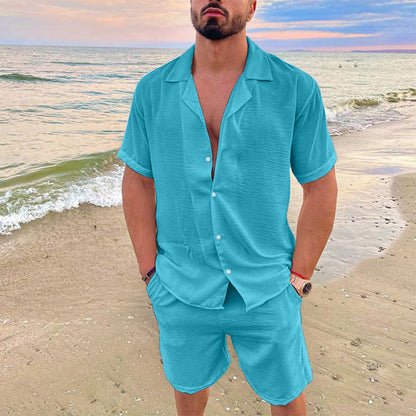 Men's solid-color short-sleeved short pants set