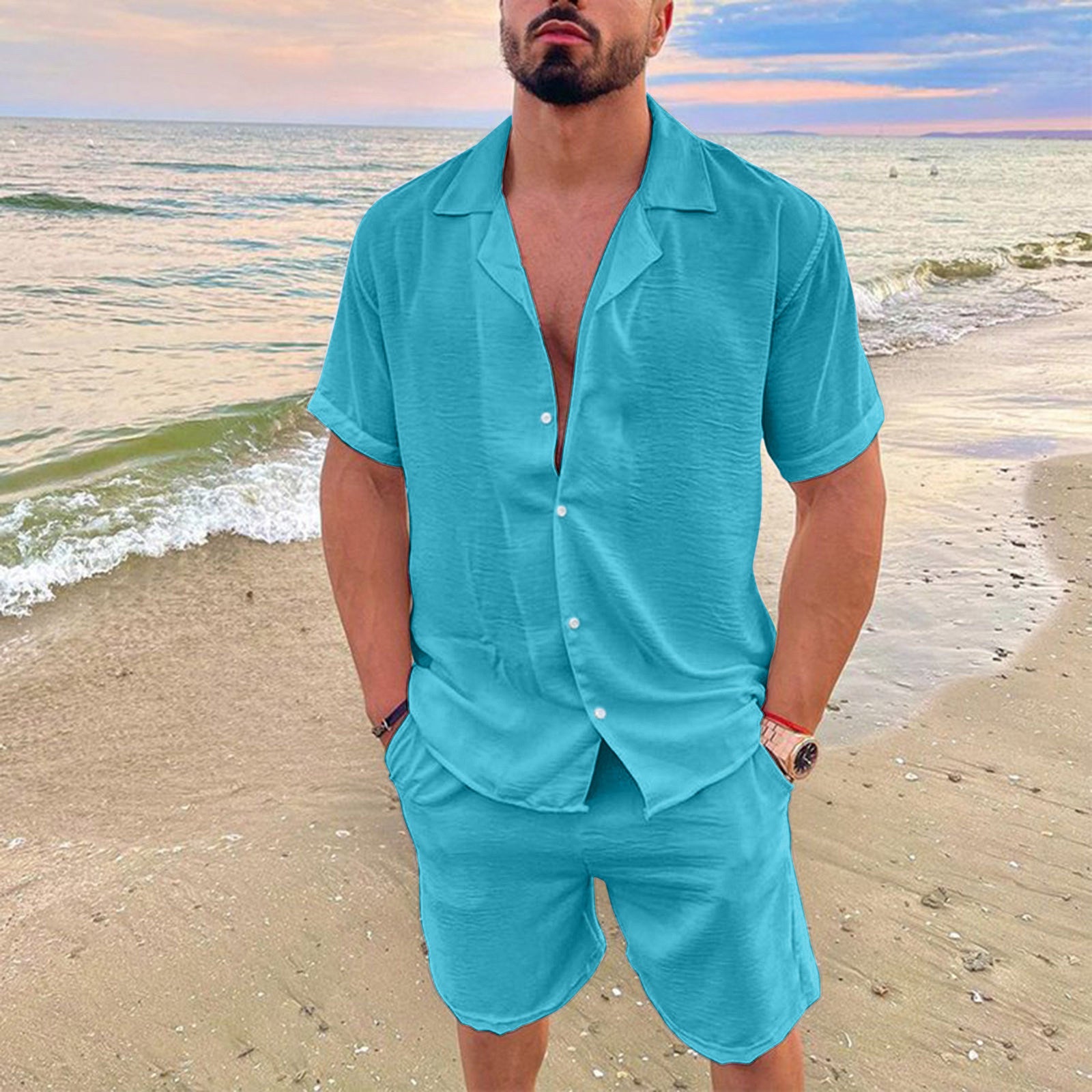Men's solid-color short-sleeved short pants set