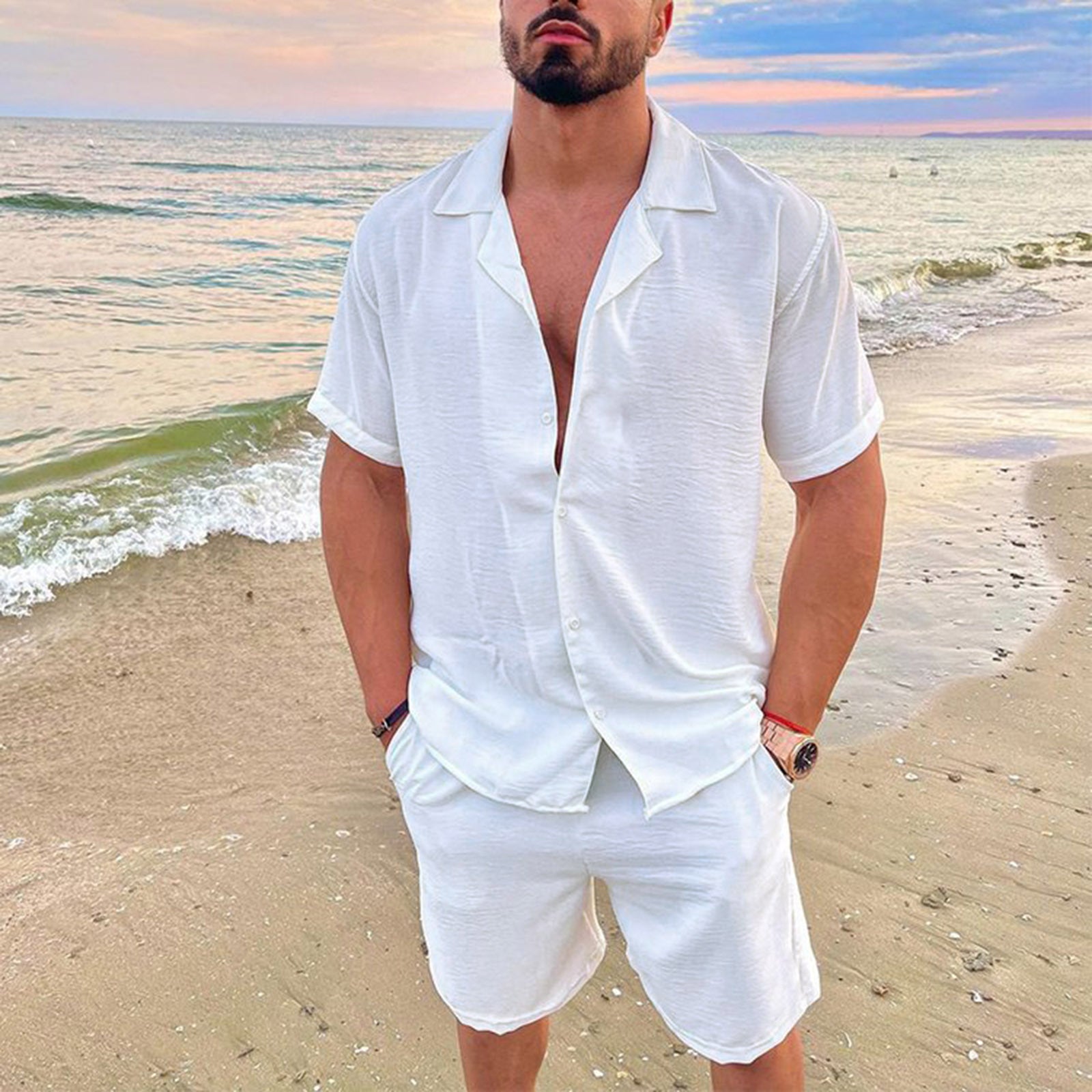 Men's solid-color short-sleeved short pants set