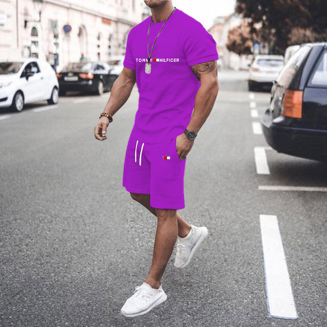Men's sports outfit - fitness short-sleeved shirt and shorts