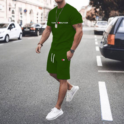 Men's sports outfit - fitness short-sleeved shirt and shorts