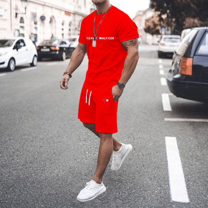 Men's sports outfit - fitness short-sleeved shirt and shorts