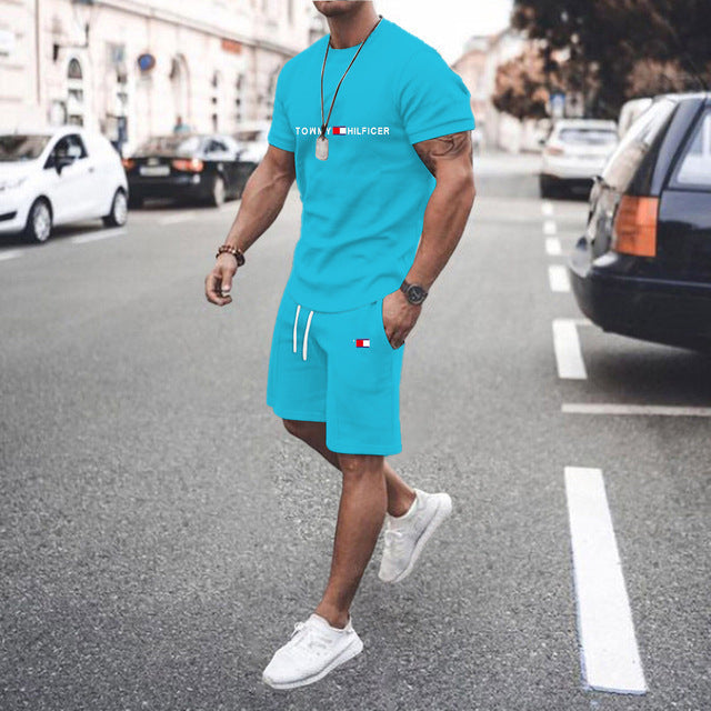 Men's sports outfit - fitness short-sleeved shirt and shorts