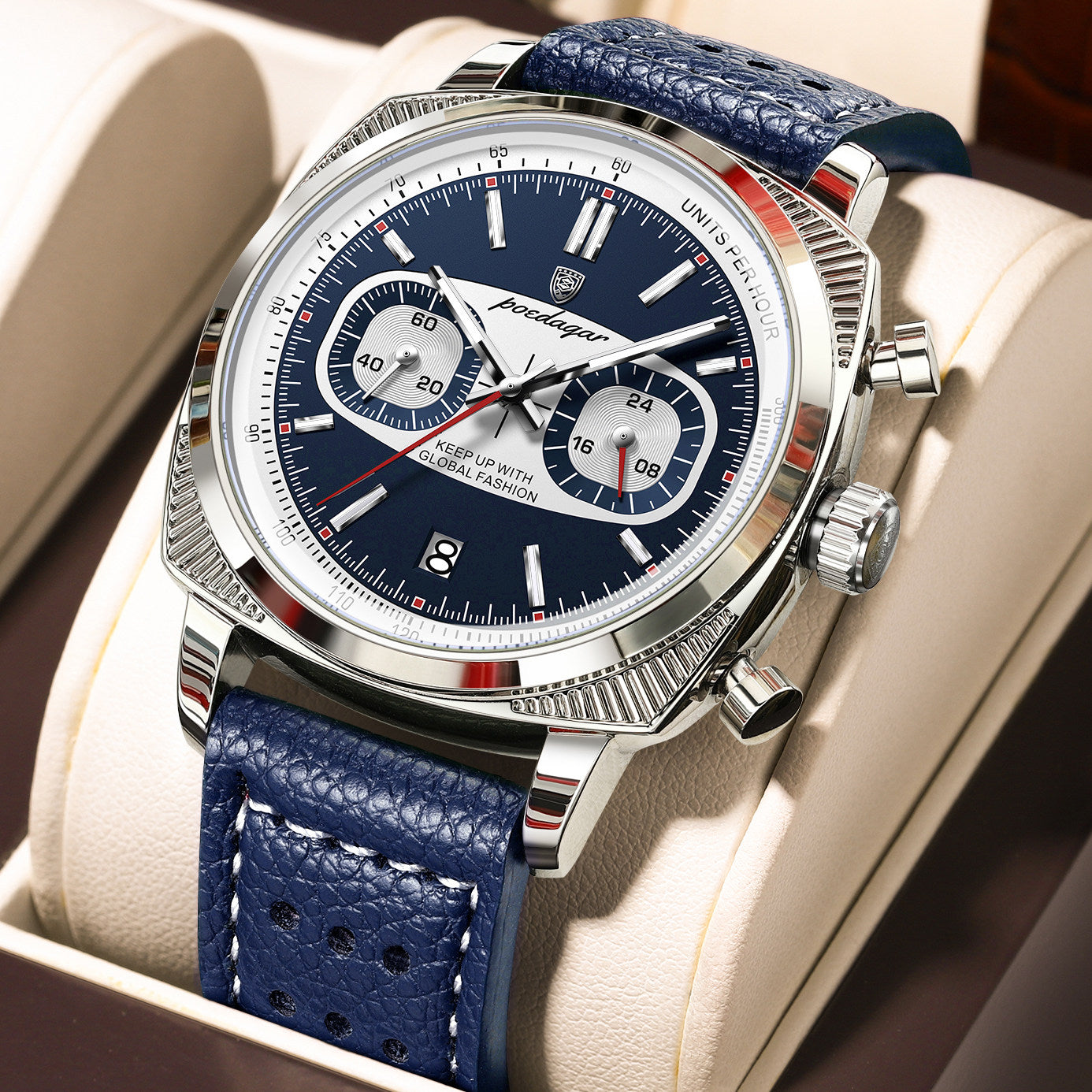 Men's Square Quartz Watch with Calendar and Luminous Feature
