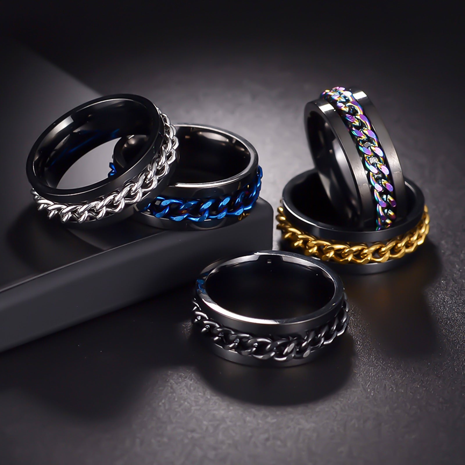 Men's Stainless Steel Rotating Jewelry Chain Ring, Stress-Relief Accessory