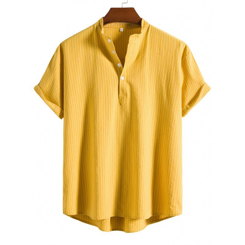 Men's Stand Collar Striped Short Sleeve Shirt