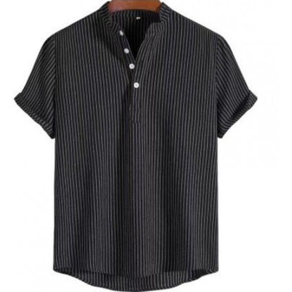 Men's Stand Collar Striped Short Sleeve Shirt