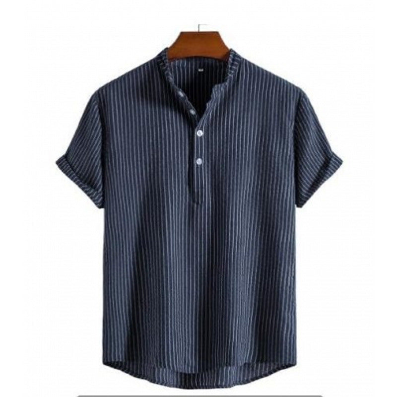 Men's Stand Collar Striped Short Sleeve Shirt