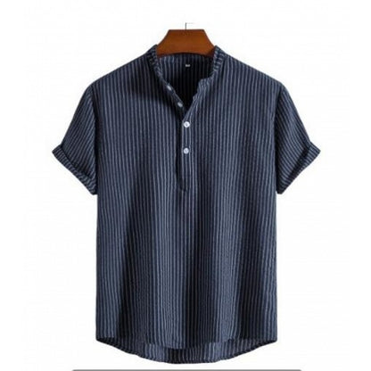 Men's Stand Collar Striped Short Sleeve Shirt