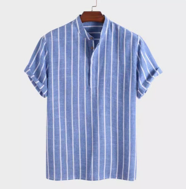 Men's Stand Collar Striped Short Sleeve Shirt