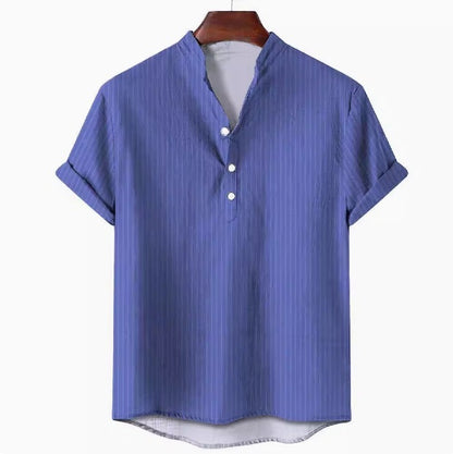 Men's Stand Collar Striped Short Sleeve Shirt
