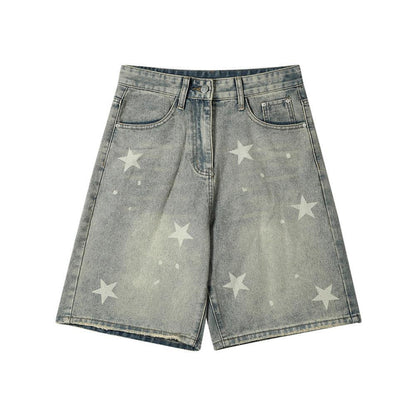 Men's Star Print Denim Shorts Loose Fit