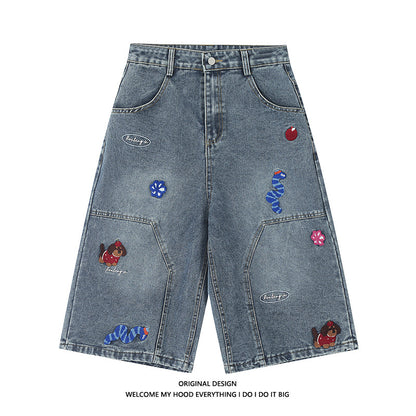 Men's Straight Micro-expansion Loose Embroidered Trousers